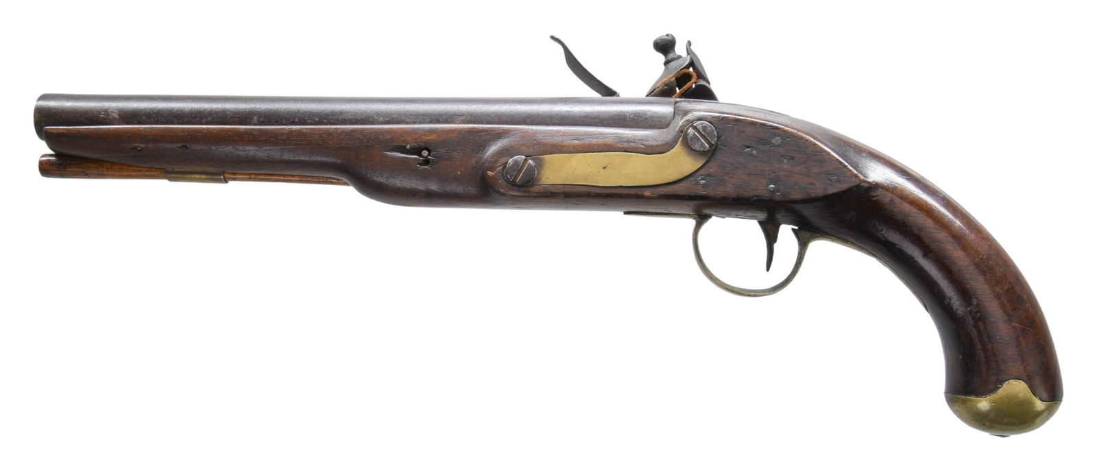 HENRY FLINTLOCK HORSE PISTOL WITH PERSONALIZED: TACKED STOCK. Cal. 65. NSN. Bbl. 10" rd with no sights. Henry marked lock. Brass furniture. Walnut stock with R.E.N. tacked initials in the right grip. CONDITION: Metal components have a dark patina a