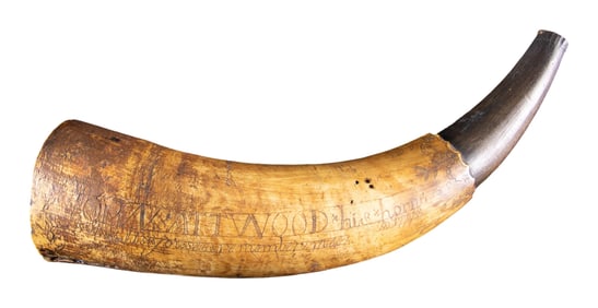 REVOLUTIONARY WAR NAMED 1777 DATED CARVED POWDER