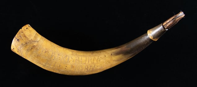 REVOLUTIONARY WAR NAMED 1775 DATED CARVED POWDER
