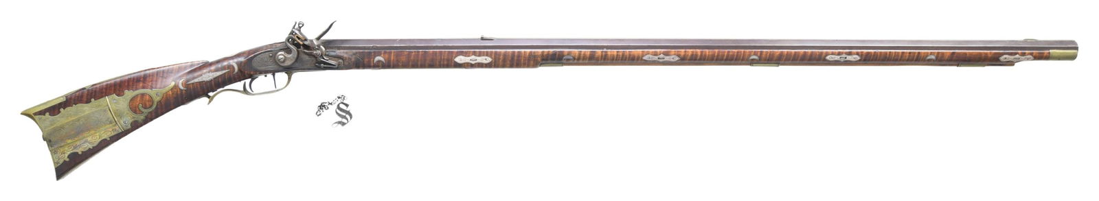 FINE JOE LONG SIGNED UPPER SUSQUEHANNA RIFLE.: Cal. 44. NSN. 55" overall, 40" full octagonal barrel signed in script "J+L". Overall length 51". Joe Long (1799-1872) was born in 1799 in what is now Snyder County, PA. About 1820 his family moved to