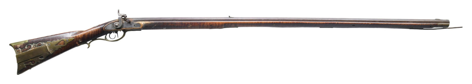 SAMUEL Mc COSH PERCUSSION CONVERSION LONG RIFLE.: Cal. 38. NSN. Bbl. 42 7/8" octagon measuring 7/8" across flats at the muzzle. Dovetail mounted German silver blade front sight with fixed V-notch rear sight mounted 2 1/2" forward of an additional dov