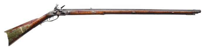 "T T" SIGNED FULL STOCK FLINTLOCK RIFLE.