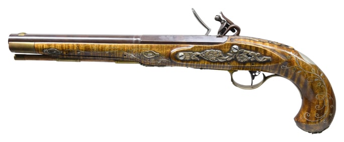 ATTRACTIVE WILLIAM BUCHELE FLINTLOCK PISTOL.