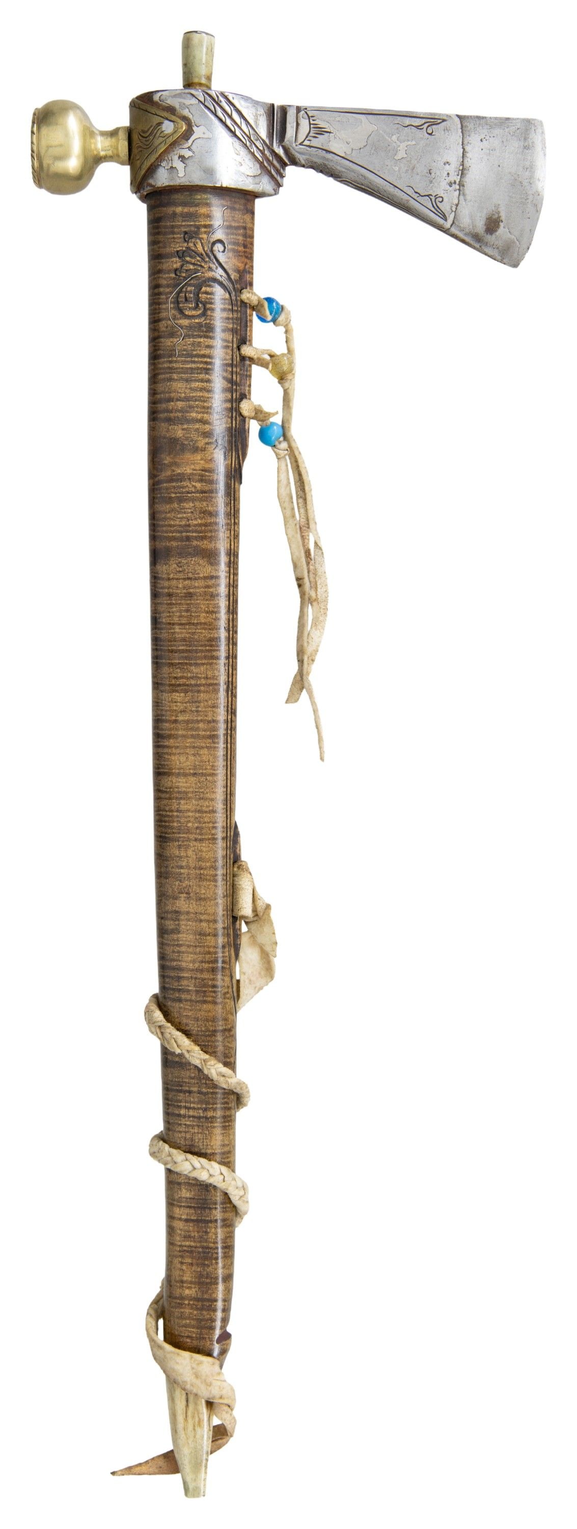 FINE 18th CENTURY STYLE CONTEMPORARY PIPE: TOMAHAWK. 6.5" forged & filed iron head, braised on brass pipe bowl, incised carved 17.5" curly maple stem with carved bone mouthpiece & plug, rawhide and bead drops. CONDITION: fine overall. (02-2525