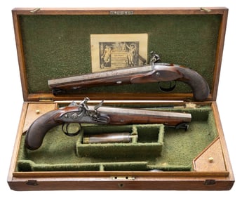 CASED PAIR OF H.W. MORTIMER FLINTLOCK HOLSTER