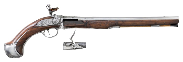 EARLY BREECH LOADING FLINTLOCK HOLSTER PISTOL BY