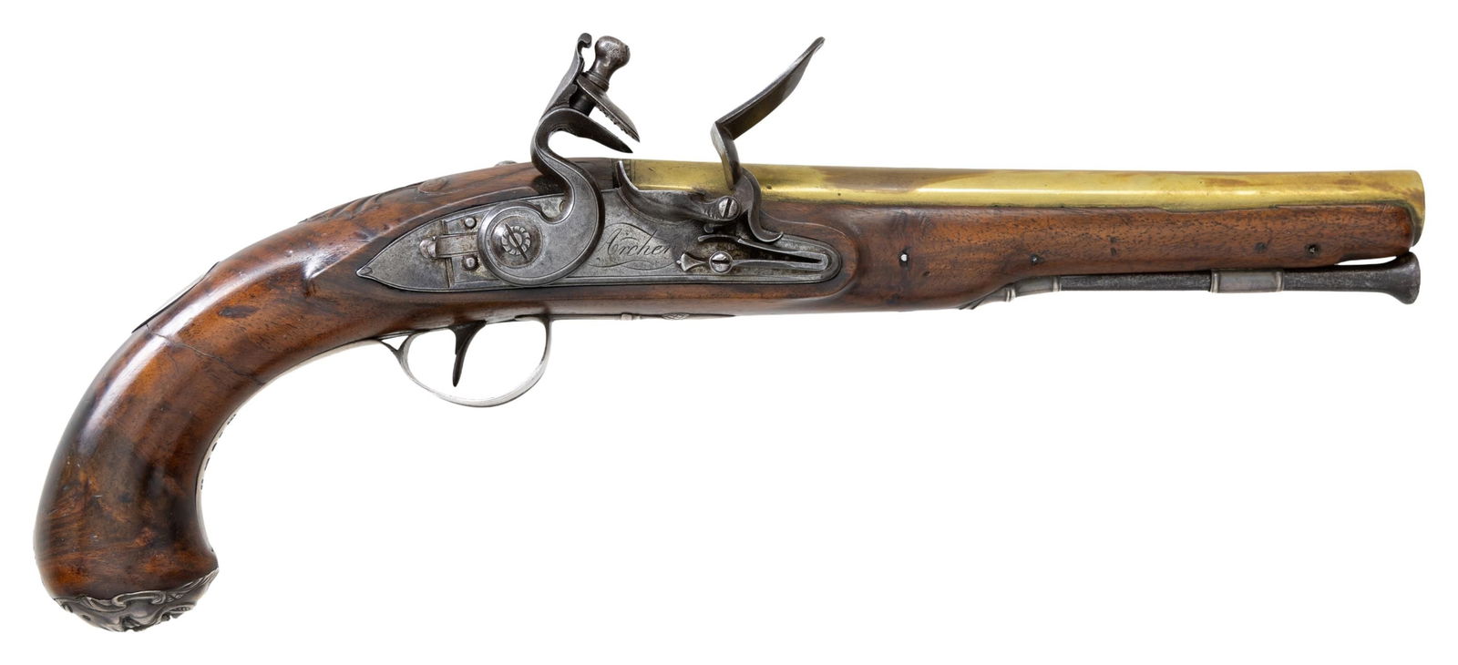 ARCHER BRITISH BRASS BARRELED SILVER: MOUNTED FLINTLOCK PISTOL. Cal. 60. NSN. Bbl.8" of brass with smooth bore. Left side has Birmingham proof & view marks. "ARCHER" marked iron lock has a manual safety & border line engraving. Breech end