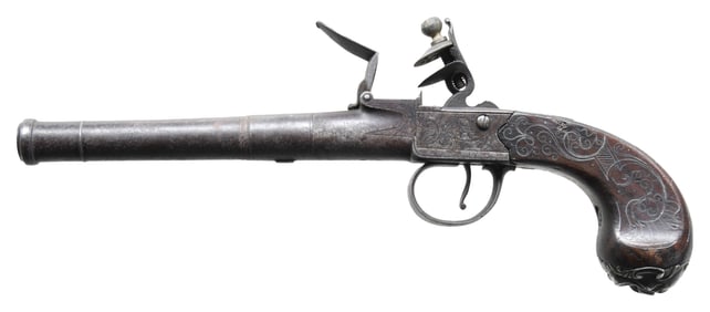 ORNATE QUEEN ANNE SYTLE FLINTLOCK PISTOL.