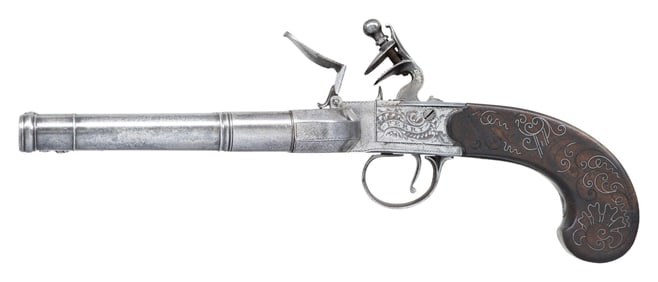 GOOD FOUR CANNON BARREL DUCKFOOT FLINTLOCK PISTOL