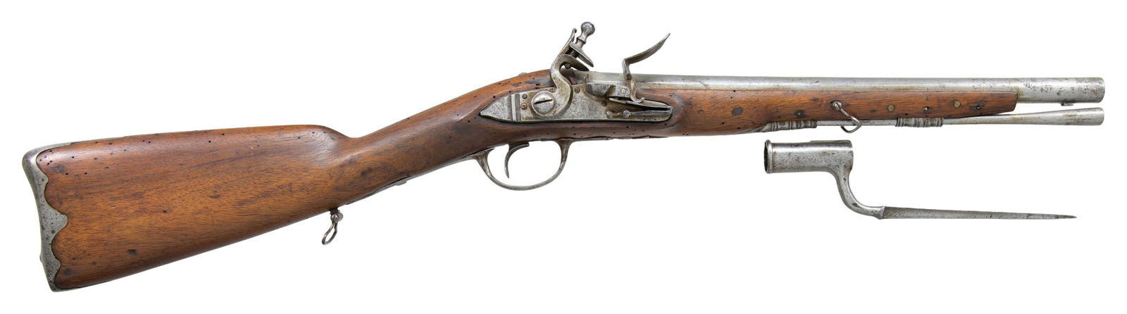 "C.D. MONSTEUR" MARKED CHILD'S MUSKET WITH BAYONET: Cal. 60. NSN. A scaled down version of a flintlock musket; consignor states it is of French origina. The overall length is 33.75" w/ bayonet attached. The 13.75" barrel has lug underneath for bayonet.