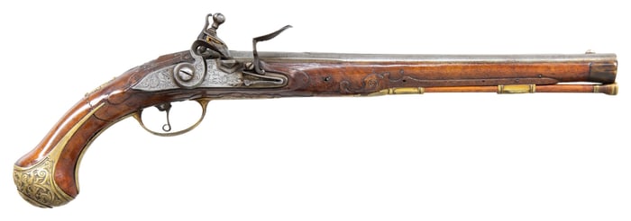 GOOD GERMANIC FLINTLOCK HOLSTER PISTOL WITH BRASS