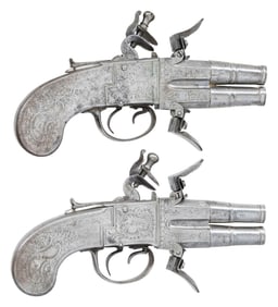 PAIR OF ALL METAL FLINTLOCK TURN OVER SCREW BARREL