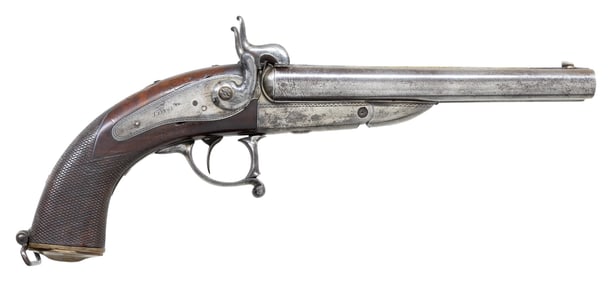 DOUBLE PINFIRE HOWDAH PISTOL BY LEBEDA OF PRAGUE.
