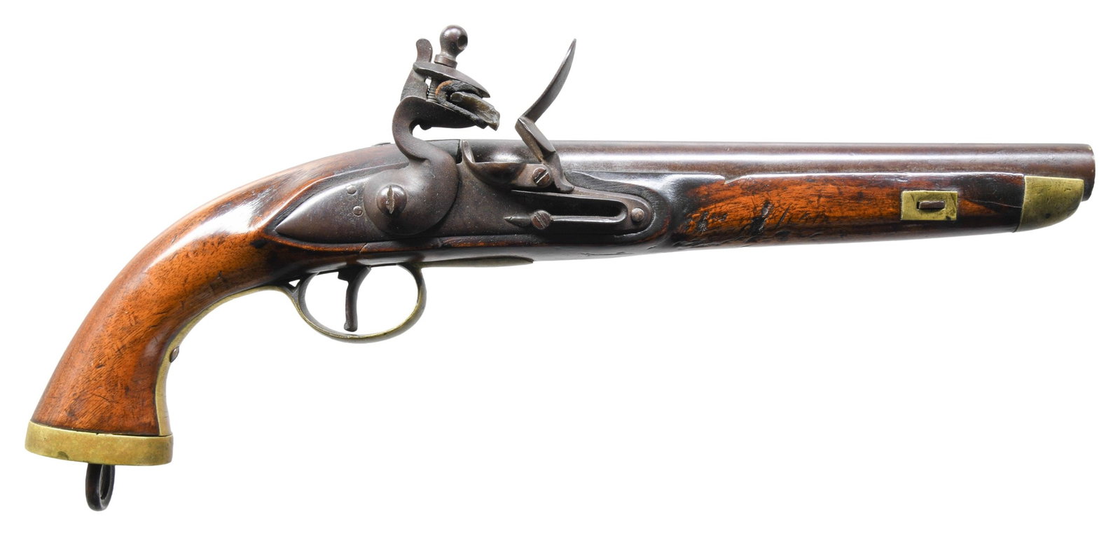 NAPOLEONIC ERA NAVAL STYLE FLINTLOCK TRADE PISTOL.: Ca. 69. NSN. Continental Germanic style 16" overall, 9" round barrel with crown over "B" proof, lock has crown over "W" proof, unsupported heavy serpentine cock, brass furniture including heavy brass 