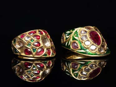PAIR OF INDIAN JEWEL ENCRUSTED ENAMELED GOLD,