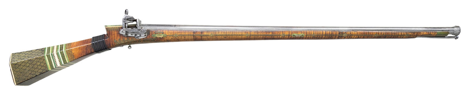 BEAUTIFUL OTTOMAN TUFEK MIQUELET MUSKET.: Cal 52. NSN. 47" overall, 34" Damascus silver inset barrel with sculpted flared muzzle, engraved silver inset miquelet lock. Stock is elaborately decorated with hundreds of brass & horn rondels, brass