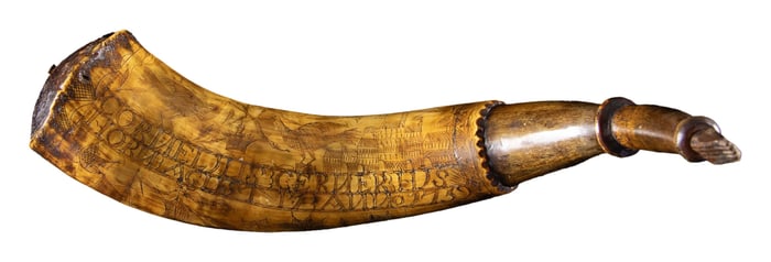 NAMED FRENCH & INDIAN WAR CARVED POWDER HORN 1759.
