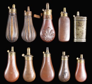 TEN DIFFERENT PISTOL FLASKS.