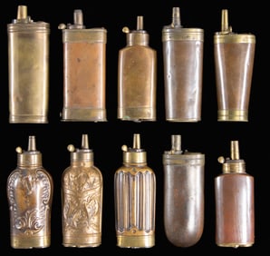 TEN DIFFERENT MULTI-COMPARTMENT PISTOL FLASKS FOR