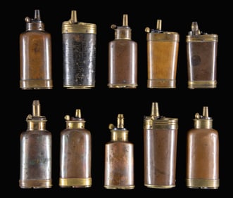 TEN SMALL MULTI-COMPARTMENT PISTOL FLASKS FOR