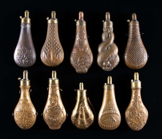 GROUP OF 10 DECORATED RIFLE & SHOTGUN POWDER