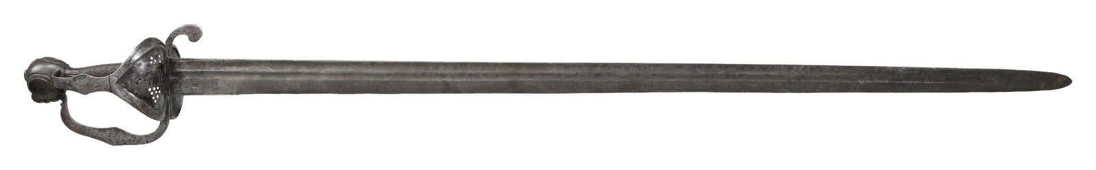 EARLY 18TH CENTURY GERMAN HORSEMAN'S BACKSWORD.: A good heavy example of a European, probably German, backsword of the early 18th century with a stylized eagle or hawk head pommel. This early sword measures 43" overall with a double fullered 37" bla