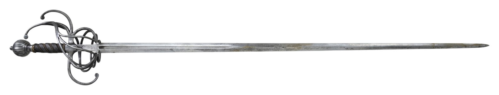 16TH TO 17TH CENTURY GERMAN SWEPT HILT RAPIER.: A classic three bar form for a Germanic swept hilt rapier of the late 16th to early 17th century. The overall length of this fine sword is 47 1/2" and the blade length is 38 1/2". The plain blade has 