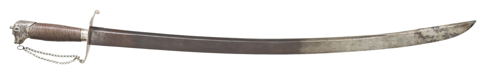 REVOLUTIONARY WAR ERA SILVER HILTED DOG HEAD: HUNTING SWORD OR CUTTOE. A fine example of a Revolutionary War era silver hilted hunting sword or cuttoe with a dog head pommel measuring 31 1/4" overall with a 26 1/8" plain single fullered blade lik