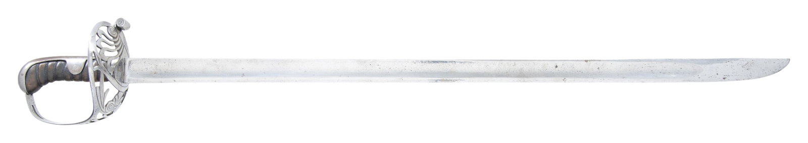 BRITISH P1796 HEAVY CAVALRY OFFICER'S SWORD: This Waterloo era British P1796 officer's sword of the heavy cavalry measures 40 1/2" overall with a plain 34" blade. Large heavy iron pierced semi-basket guard with geometric designs. Plain birds hea