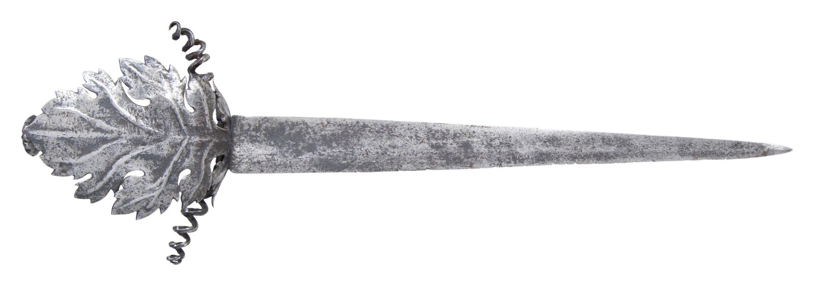 16TH OR 17TH CENTURY GERMAN MAIN GAUCHE OR SHORT: SWORD WITH LEAF GUARD. An interesting early weapon that is likely a parrying dagger or main gauche, but could be considered a short sword. It measures 22 1/4" overall with a plain 16 1/8" blade. The g