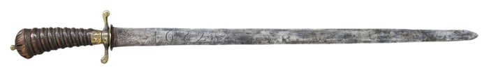 EUROPEAN HUNTING SWORD WITH BLADE DATED 1682.