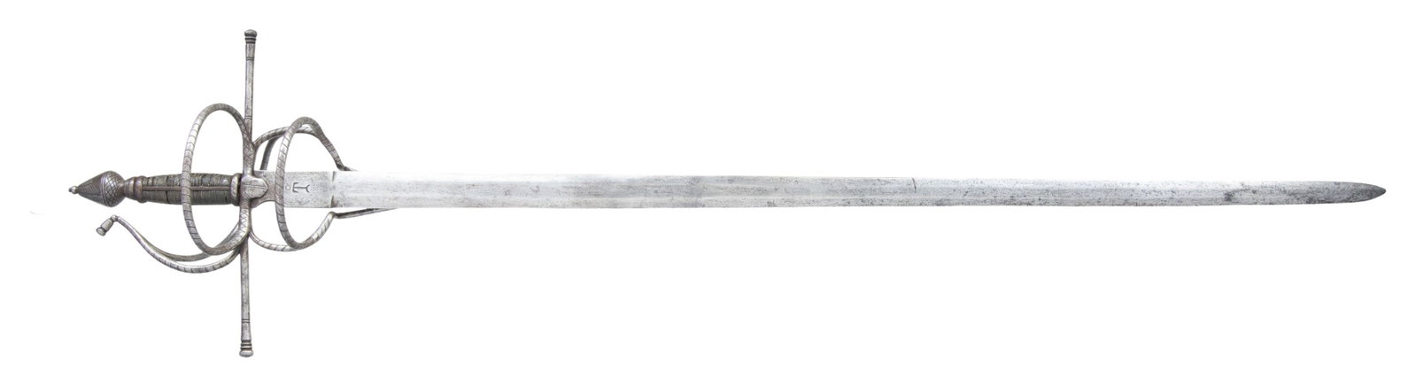 EARLY EUROPEAN SWEPT HILT BROAD SWORD.: A very nice example of an early German swept hilt broadsword from the 16th to the mid-17th century measuring 46" overall with a 39 1/4" double edged blade. The blade has a very slight fuller extending