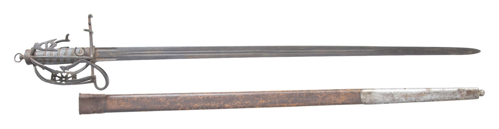 19TH CENTURY SCOTTISH BASKET HILT BROADSWORD OF: LT. R. ABERCROMBIE KIA AT ALMA. This historic sword has an overall length of 40" with a double fullered blade measuring 32 1/2". The blade has a brass tag braised onto one side that reads "The sword o