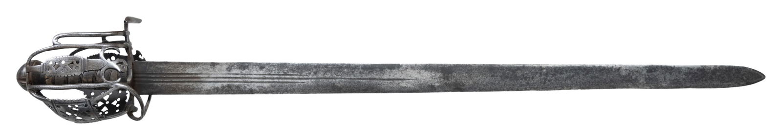 EARLY SCOTTISH BASKET HILT BROAD SWORD.: A fine example of a 17th or early 18th century Scottish basket hilt broadsword measuring 39" overall with a 32 1/2" double edged blade that is 1 3/4" wide at the hilt. The 3 fuller blade is likely of