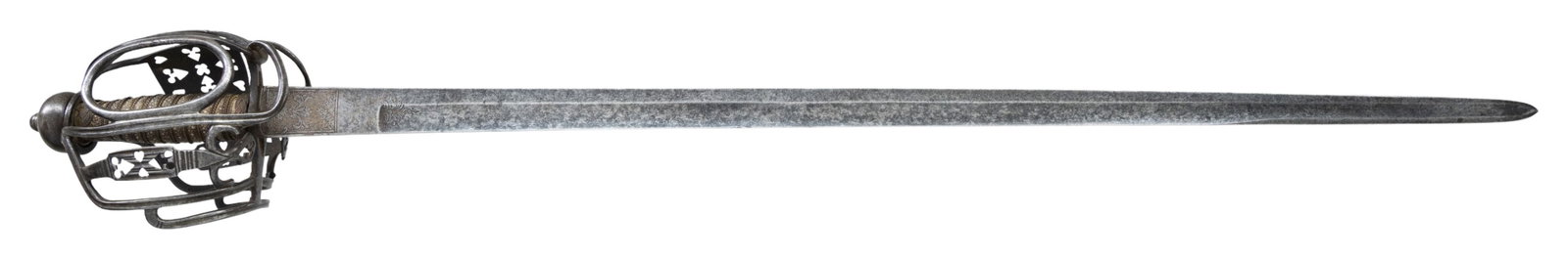 EARLY SCOTTISH BASKET HILT BACK SWORD: A fine example of an 18th century Scottish basket hilt backsword measuring 41" overall with a 34" single edged blade that is 1 5/16" wide at the hilt. The blade has a single wide fuller an is of Europ