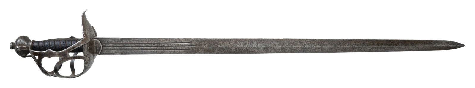 17TH CENTURY GERMAN BROADSWORD SIMILAR TO: MORTUARY HILT. A massive example of a 17th century German horseman's broadsword that closely resembles a mortuary hilt style. This example measures 40" overall with a five fullered plain blade of 33".