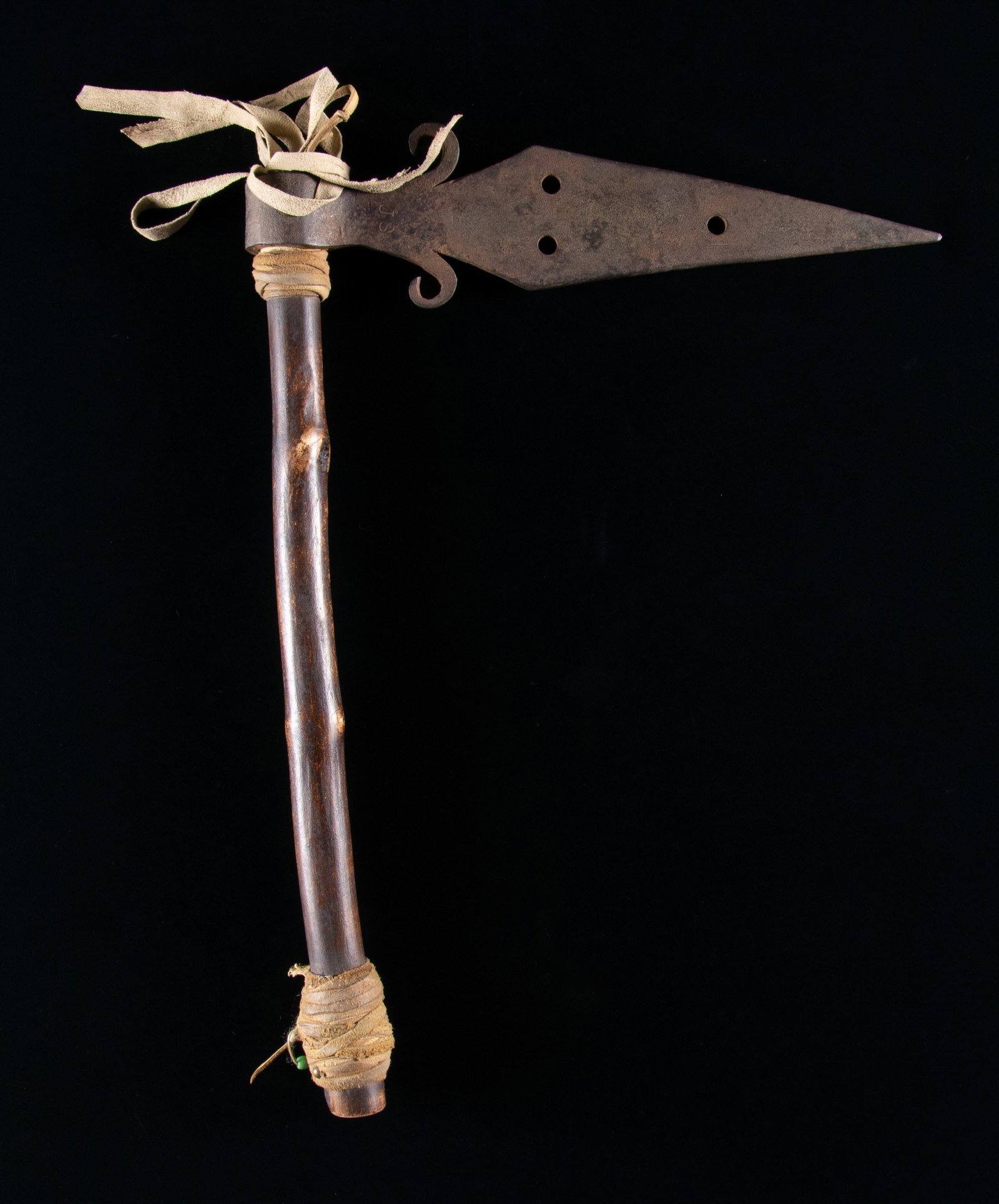 HISTORIC JOHN SHIELDS ATTRIBUTED SPONTOON BATTLE: AX, CIRCA 1805. This is the only attributed spontoon "war ax" made in 1805 at Mandan Village during winter of 1804-1805 during Lewis & Clark expedition. 12.5" overall, 11" x 2.5" head signed "JS" thou