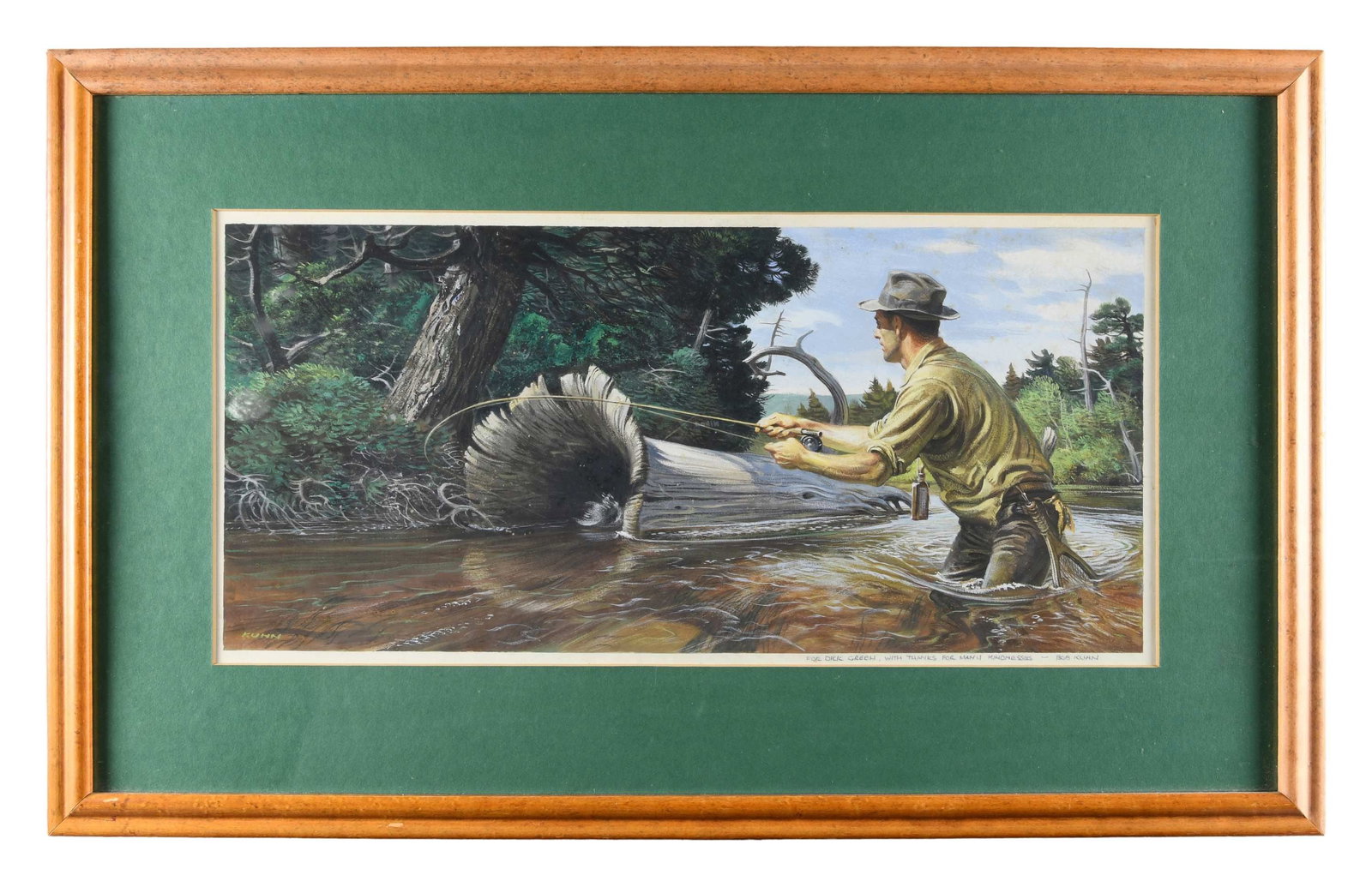 BOB KUHN PRESENTATION "FLY FISHING" PAINTING.: 21" x 10" gouche signed "KUHN" on lower left, with signed undated presentation in lower margin "FOR DICK GREEN, WITH MUCH THANKS FOR MANY KINDNESSES ? BOB KUHN", framed and matted 29.5" x 18.5". Bob K