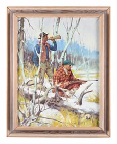 MATT CLARK OIL ON CANVAS OF HUNTERS, 1959.