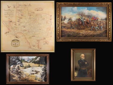 FOUR LARGE FRAMED HISTORICAL DECORATIONS.