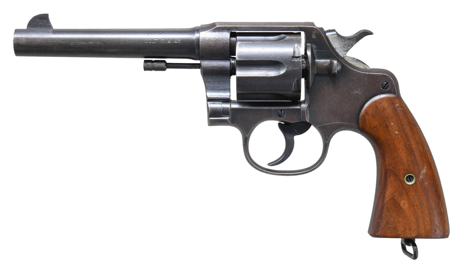 COLT 1917 U.S. ARMY DA REVOLVER.: Cal. 45 ACP. S# 223706. Standard configurations with 5.5" bbl., 6 shot cyl. & smooth walnut grips. Khaki lanyard UNATTACHED ACCESSORIES: Rock Island ammo pouches & bag of moon clips. CONDITION: traces
