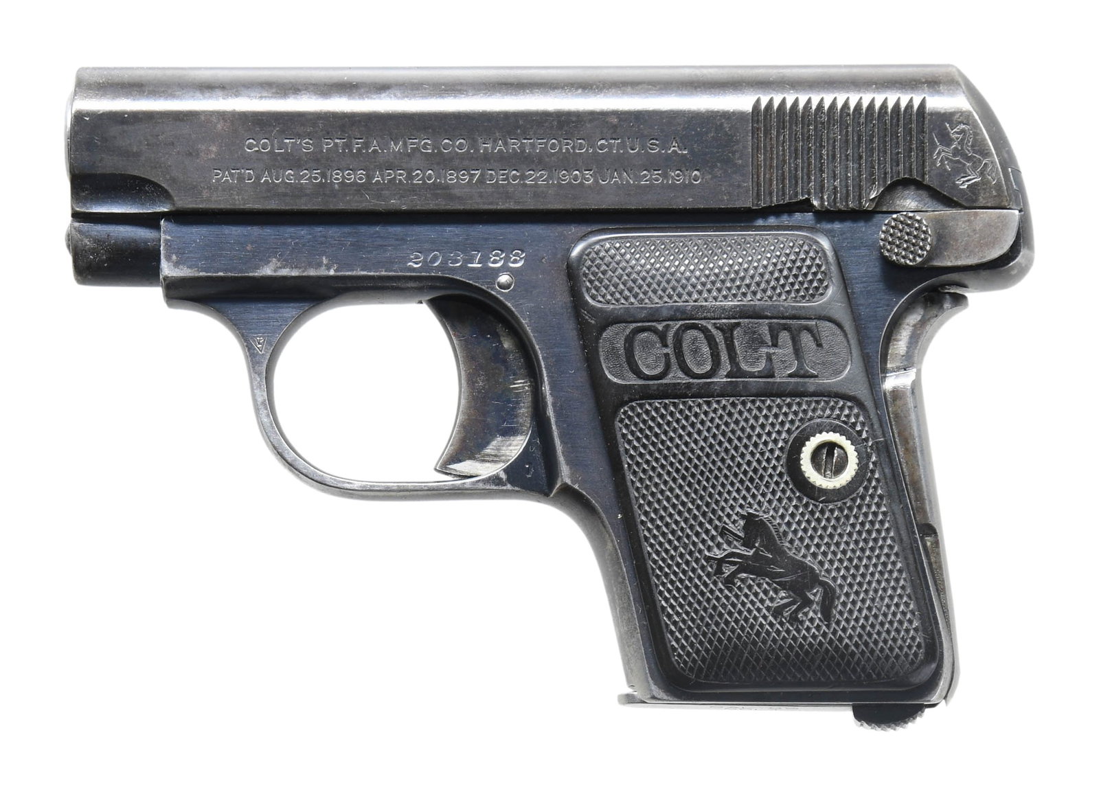 COLT 1908 VEST POCKET SEMI AUTO PISTOL.: Cal. 25 ACP. S# 203188. Mfg. 1919. Standard configuration with 2" bbl. & hard rubber grips. MAGS: 1-6 rd. CONDITION: Fair worn blue finish mixed with brown patina showing handling marks. Good grips wi