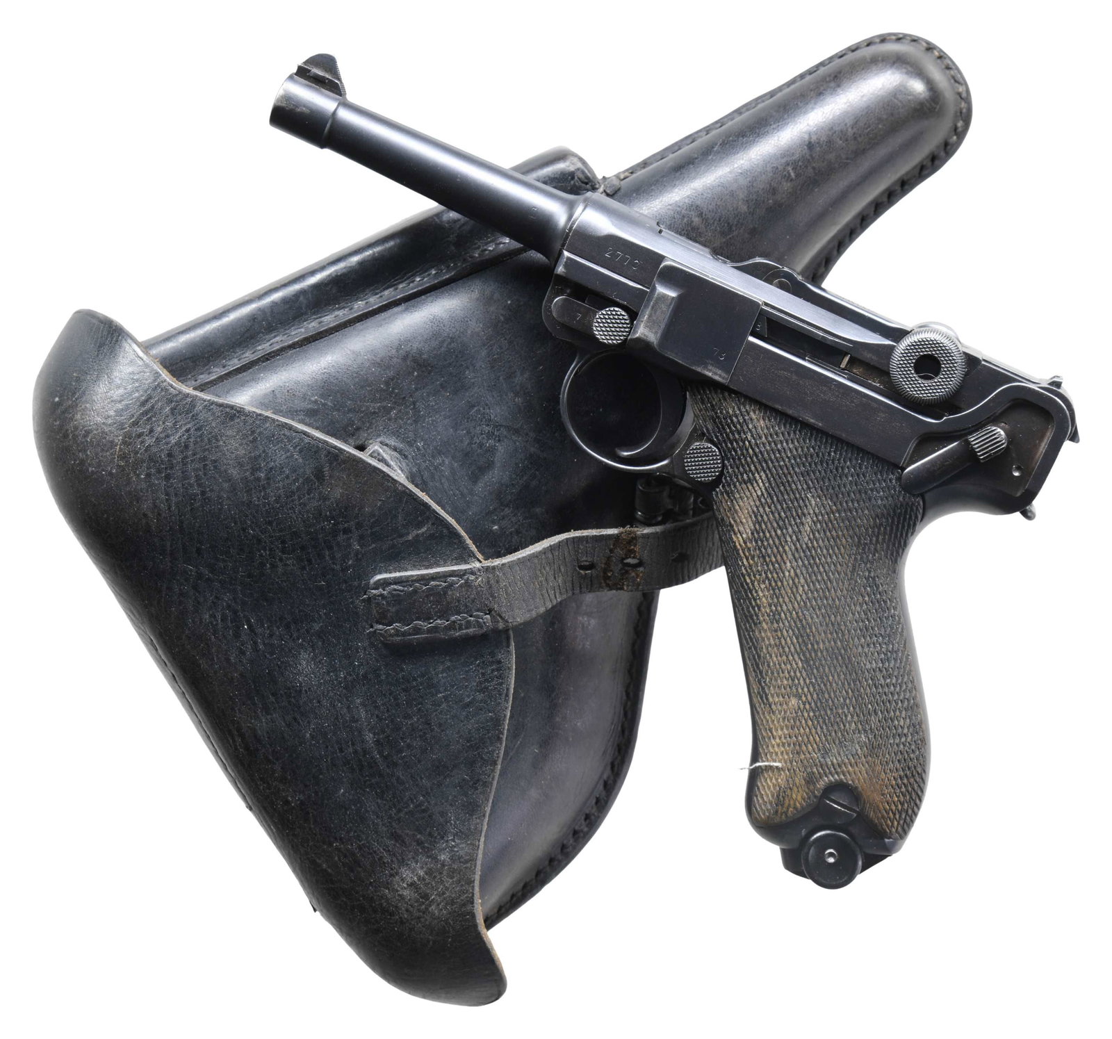 PRE-WWI IMPERIAL GERMAN DWM "1913" DATE P.08 LUGER: SEMI-AUTOMATIC PISTOL WITH HOLSTER. Cal. 9x19mm Parabellum. S# 2773a. Bbl. 4". P.08 Luger semi-automatic pistol mfg. by DWM in 1913 for the Imperial German military. The bbl. extension is marked "1913