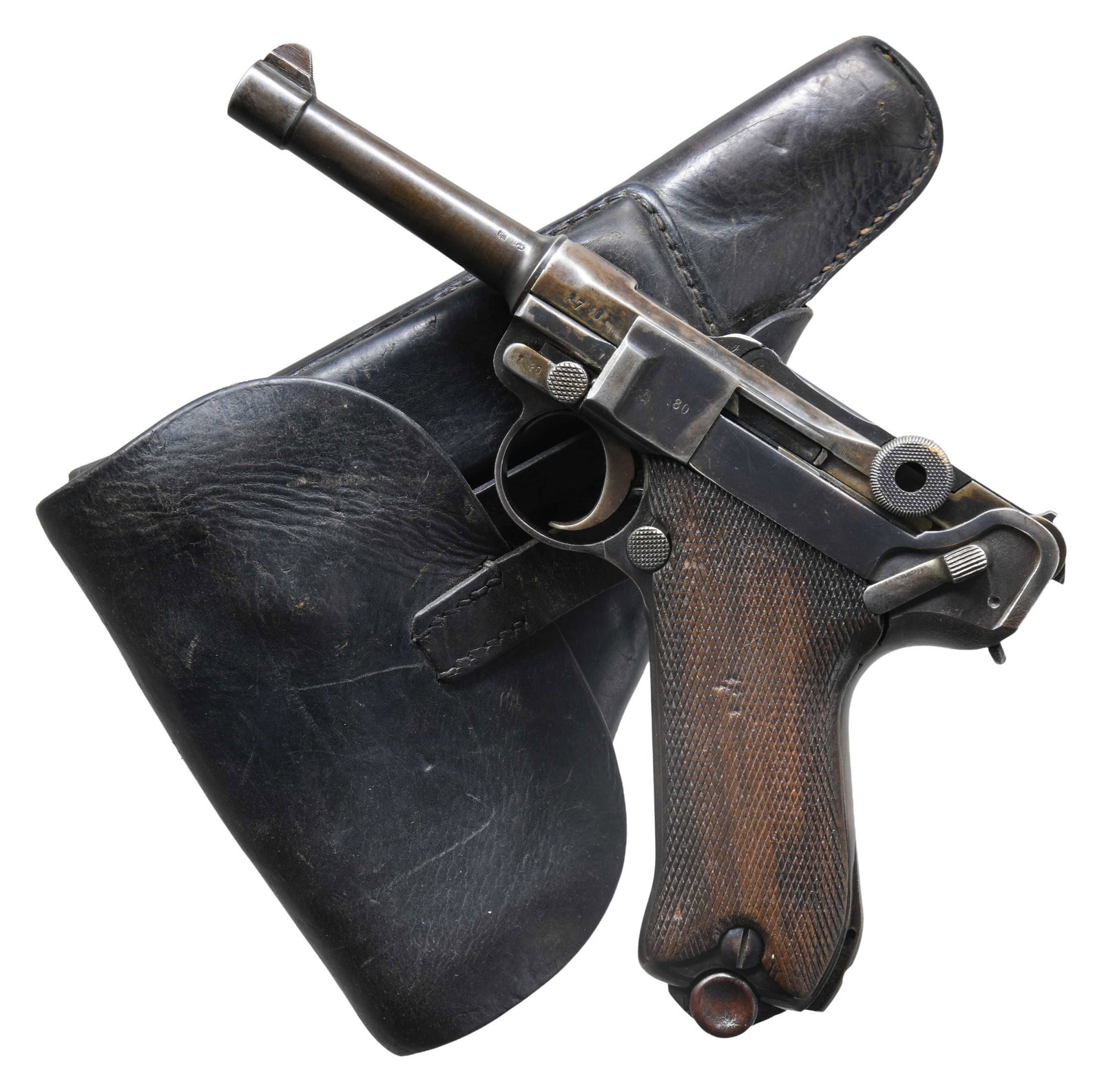 GERMAN WWI ERFURT "1917" DATE P.08 LUGER: SEMI-AUTOMATIC PISTOL WITH HOSLTER. Cal. 9mm Luger. S# 8780h. Bbl. 4". P.08 Luger semi-automatic pistol mfg. at the Erfurt arsenal in 1917. Bbl. extension is marked "1917" over the chamber, with Erfur
