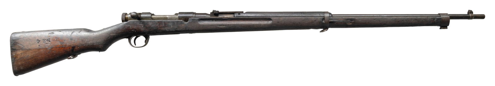 TOKYO ARSENAL TYPE 38 ARISAKA BOLT ACTION RIFLE.: Cal. 6.5 Jap. S# 160401. Bbl. 31 1/2". Standard T38 sights. Mismatched assembly numbers throughout. Receiver top has "X'd" out mum with Type 38 markings. Left side of receiver has Tokyo arsenal markin