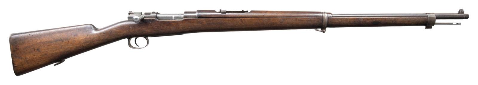 SPAN AM WAR LOEWE 1893 MAUSER BOLT ACTION RIFLE.: Cal. 7x57 (7mm Mauser). S# B2155. Bbl. 29". Blade front sight. Ladder rear sight graduated to 2000m. Bolt handle body appears unnumbered possibly scrubbed or replaced. Cleaning rod unnumbered & stock