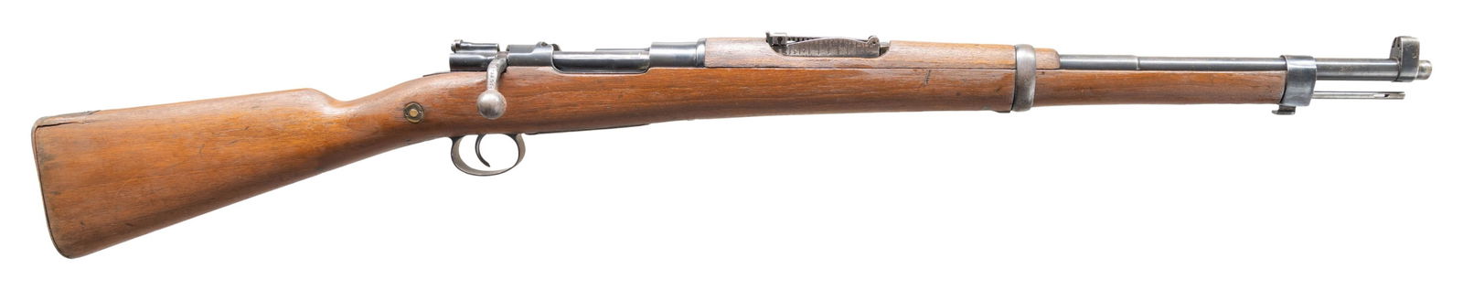 SPANISH MODEL 1916 MAUSER BOLT ACTION SHORT RIFLE.: Cal. 308 Win. S# 0T11721. Bbl. 21 3/4" with Samco import marking. Blade front sight with protective ears. Tangent rear sight graduated to 2000m, Stock number is faint & appears to be mismatched. Back