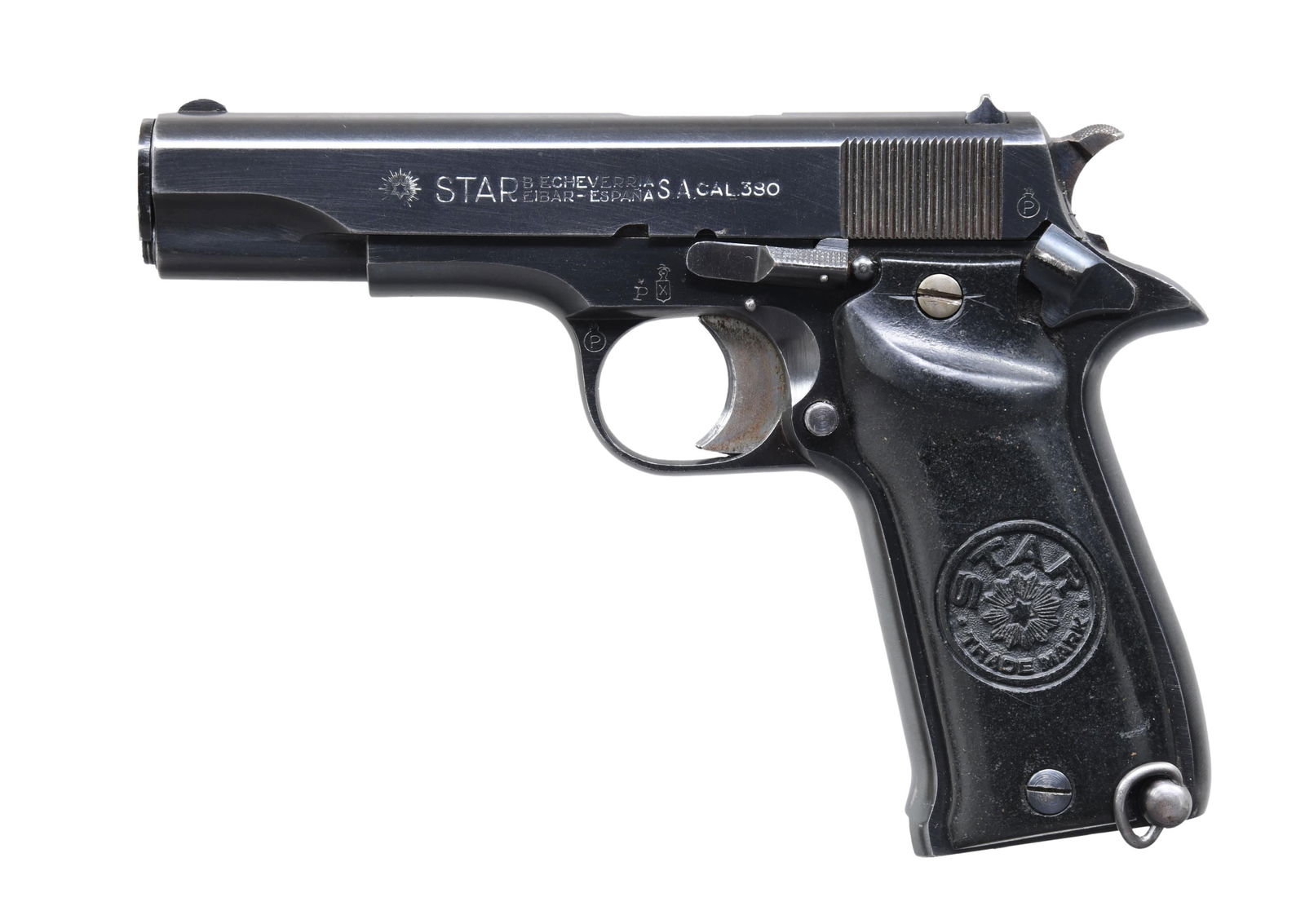 SPANISH AIR FORCE ISSUED STAR MODEL S SEMI-AUTO: PISTOL WITH BOX. Cal. 380 ACP. S# 279934. Bbl. 3 3/4". Model S semi-automatic pistol mfg. in Spain by Star under contract for the Spanish Air Force. Left side of the frame and slide exhibit standard p