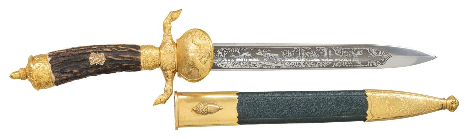 WWII GERMAN HUNTING ASSOCIATION LEADER'S DAGGER.: This very fine German WWII period Hunting Association leader's dagger measures 18" overall with an etched 10" blade marked "ORIGINAL (squirrel) Eickhorn SOLINGEN". The blade is etched with foliate mot