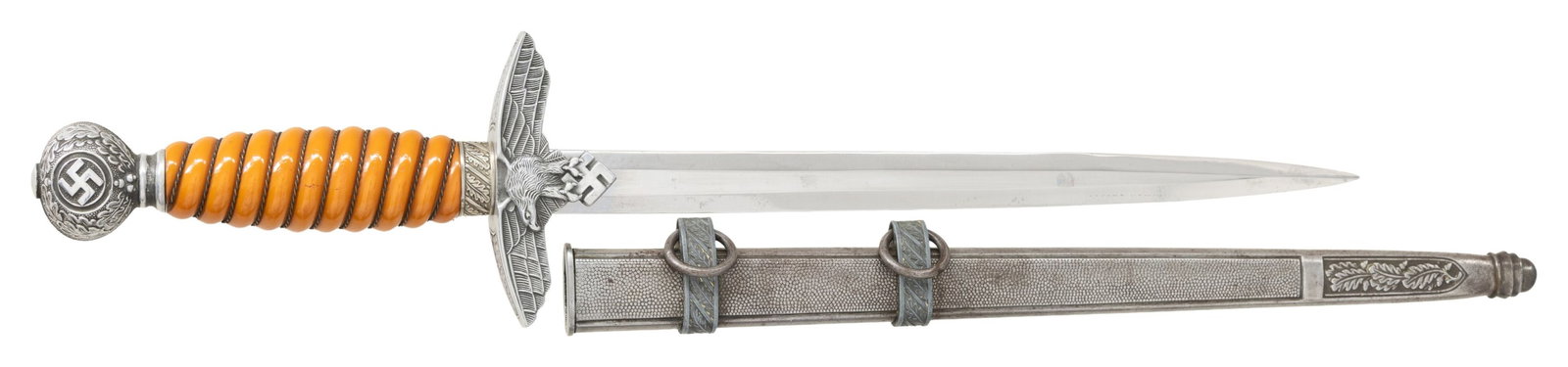 WWII GERMAN 2ND MODEL LUFTWAFFE DAGGER.: A very nice example of a WWII German 2nd model Luftwaffe dagger. This dagger measures 17" overall with a 10" plain blade. The reverse of the blade has no makers marks. Aluminum eagle crossguard, oak l